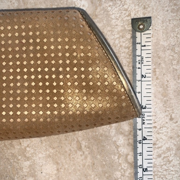 RODO metallic gold clutch, laser cut suede over satin, “kiss” lock. - Picture 13 of 17